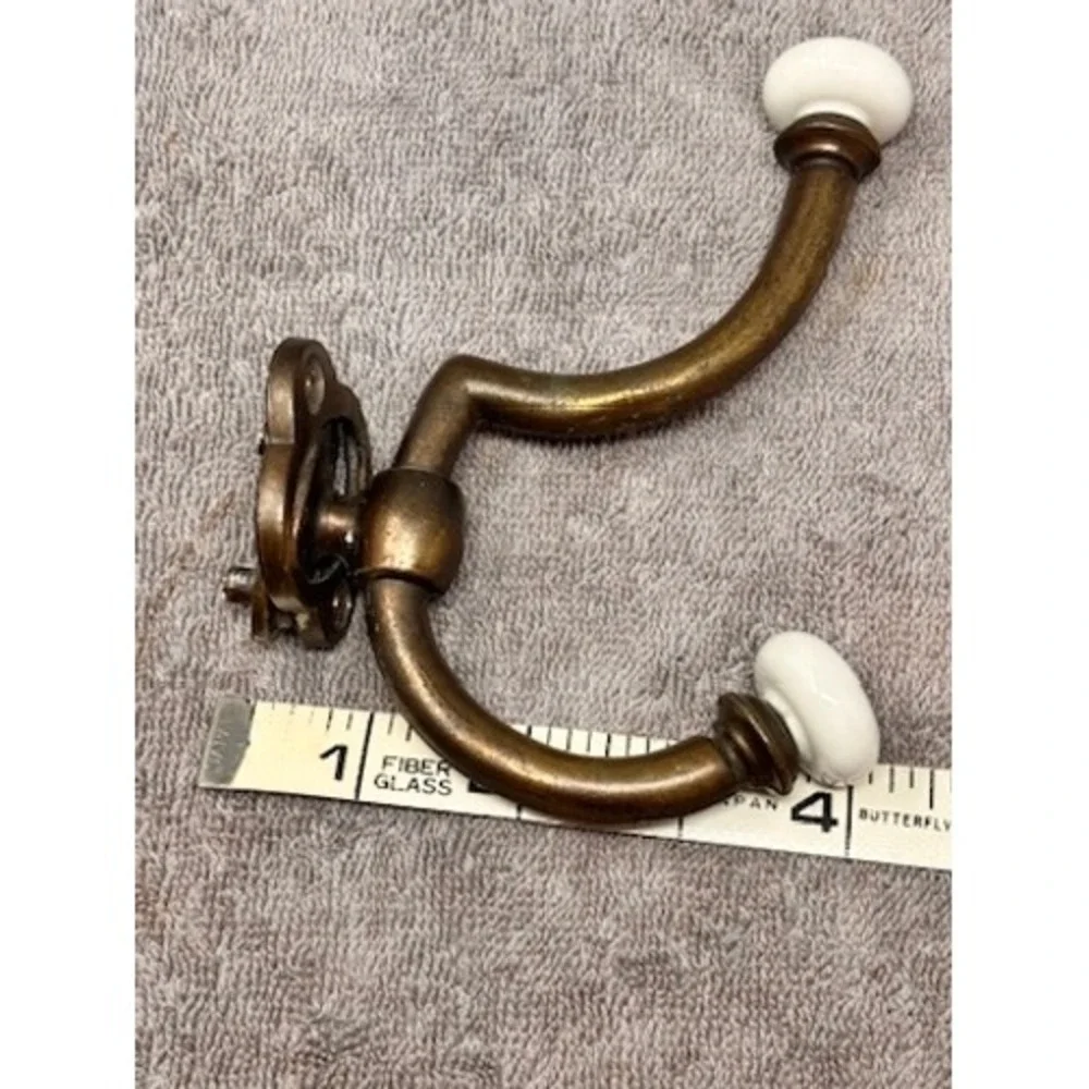 Vintage Brass Double Wall Hook with White Ceramic Ball Finials Taiwan
